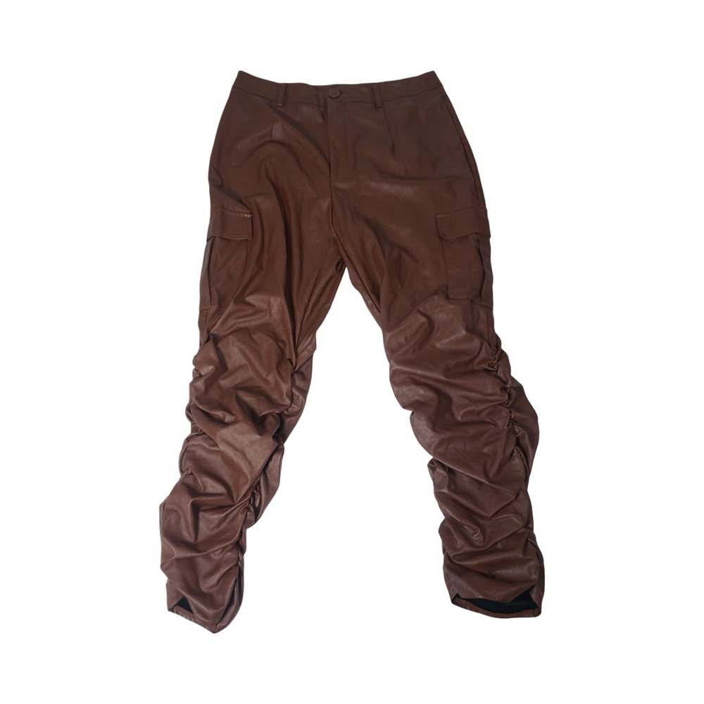 SHEIN Brown Faux Leather Ruched Stacked Cargo Pants Womens Large High Waist